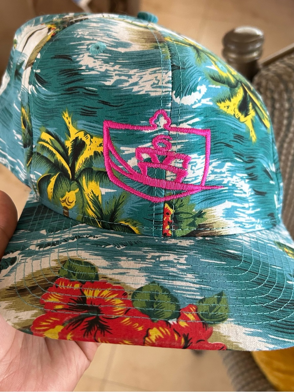Teal Tropical Swim Hat with Pink Embroidered Logo #96